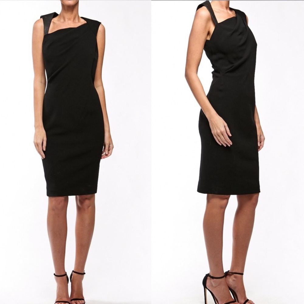 💕 Kaufman Franco leather trim cut out sleeveless Black Cocktail Dress 6/42